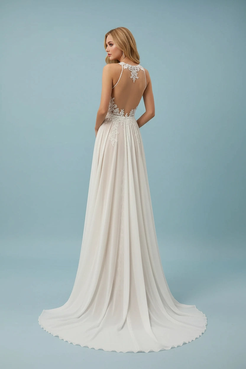 Jewel Neck Lace Bodice Chiffon Skirt Wedding Dress with Brush Train