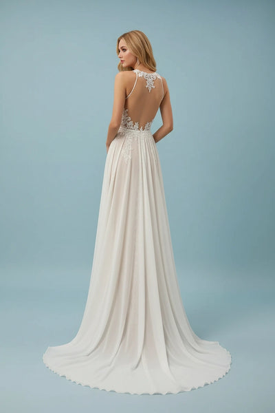 Jewel Neck Lace Bodice Chiffon Skirt Wedding Dress with Brush Train