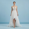 Spaghetti Straps Lace Bodice Chiffon Skirt High-low Wedding Dress