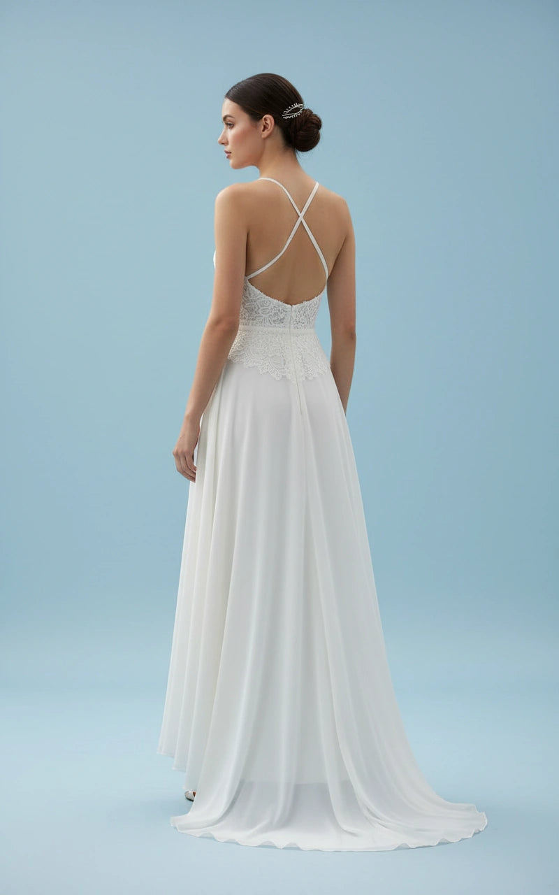 Spaghetti Straps Lace Bodice Chiffon Skirt High-low Wedding Dress