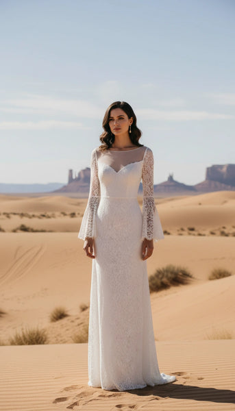 Scoop Neck V-Back Long Bell Sleeves Sheath Lace Wedding Dress with Brush Train