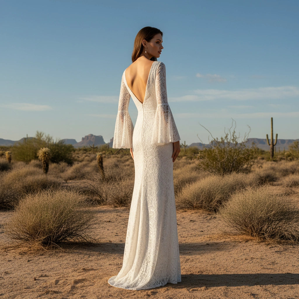 Scoop Neck V-Back Long Bell Sleeves Sheath Lace Wedding Dress with Brush Train