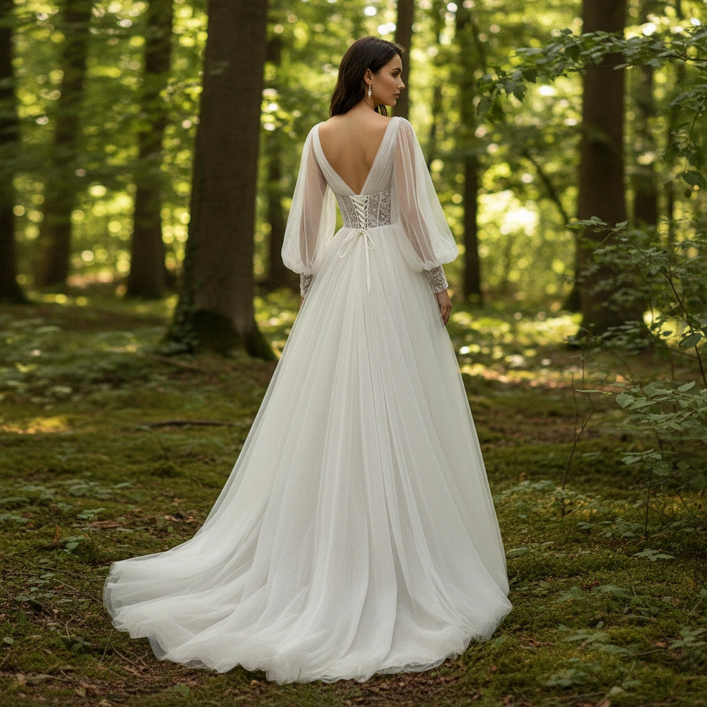 V-neck Long Sleeves Illusion Waist Princess Tulle Wedding Dress