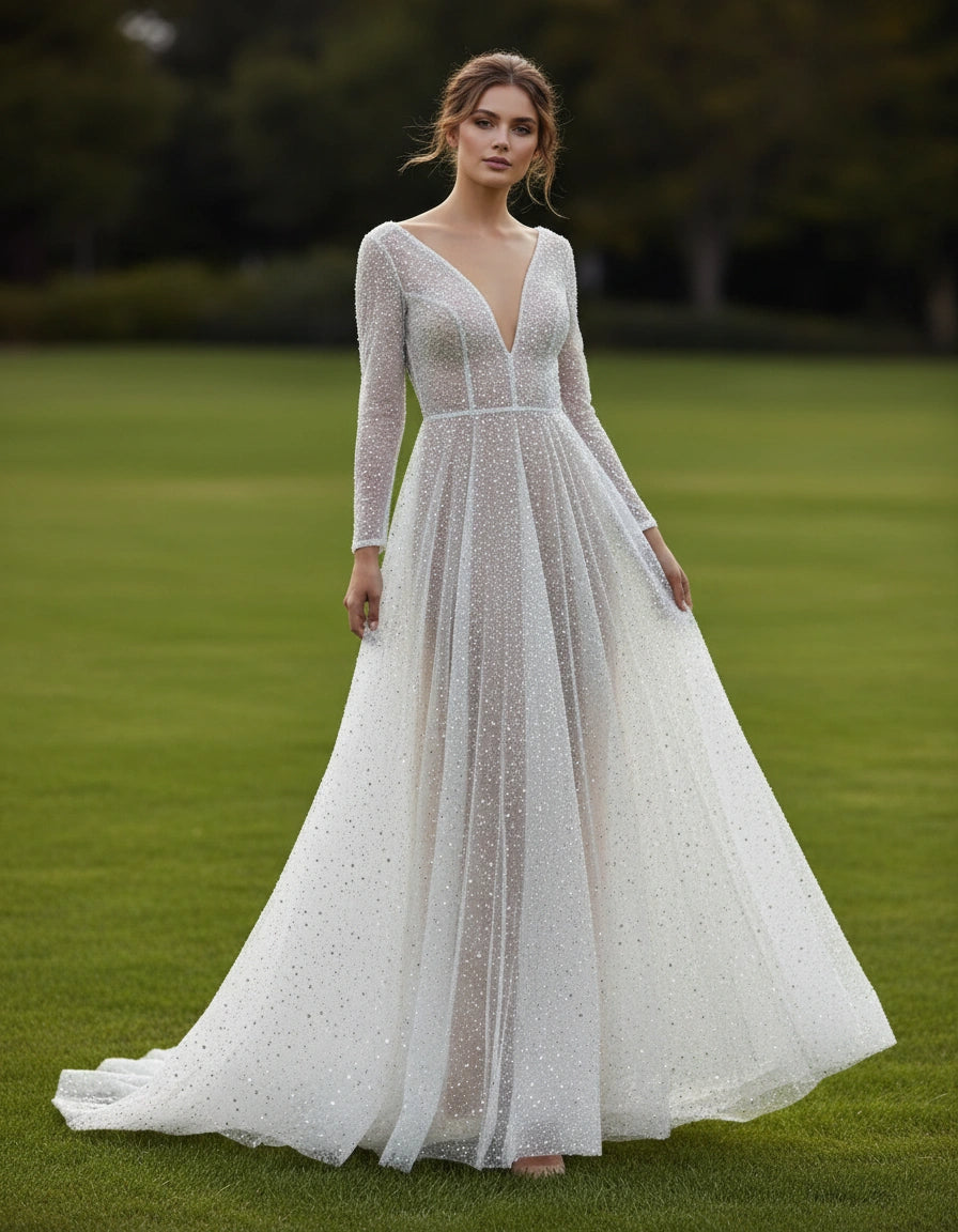 Sparkle V-Neck Long Sleeves Tulle A-line Wedding Dress