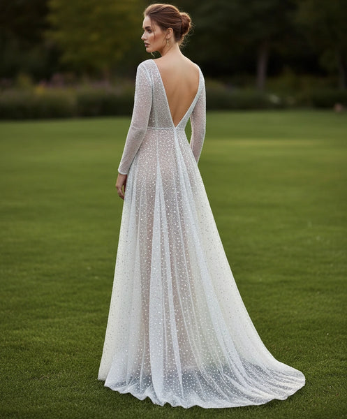 Sparkle V-Neck Long Sleeves Tulle A-line Wedding Dress