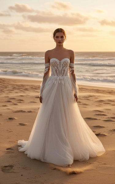 Sweetheart Lace Bodice Off-the-shoulder Sleeves A-line Tulle Wedding Dress