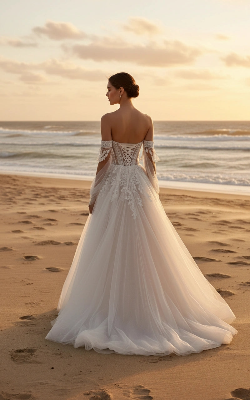 Sweetheart Lace Bodice Off-the-shoulder Sleeves A-line Tulle Wedding Dress