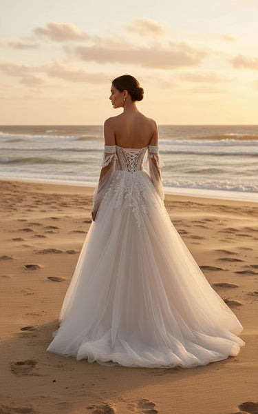 Sweetheart Lace Bodice Off-the-shoulder Sleeves A-line Tulle Wedding Dress