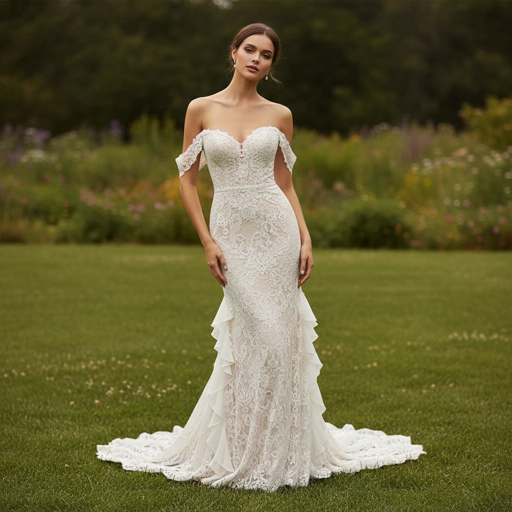 Off-the-shoulder Lace Sheath Wedding Dress with Chiffon Ruffles