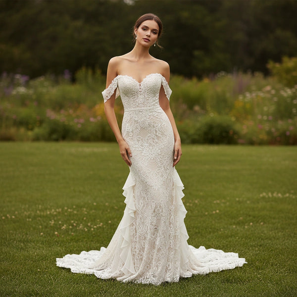 Off-the-shoulder Lace Sheath Wedding Dress with Chiffon Ruffles