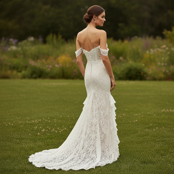 Off-the-shoulder Lace Sheath Wedding Dress with Chiffon Ruffles