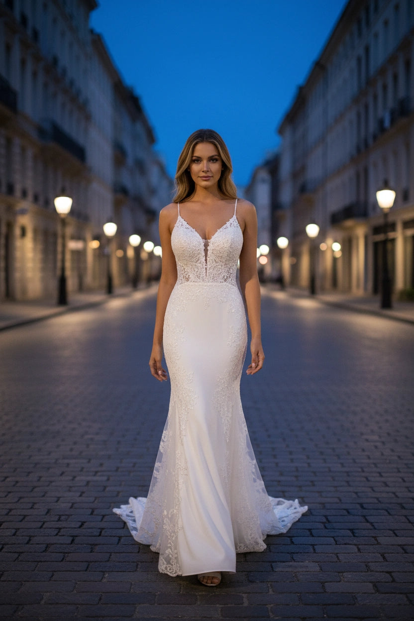 Backless Spaghetti Straps V-Neck Lace Sheath Wedding Dress with Illusion Sides