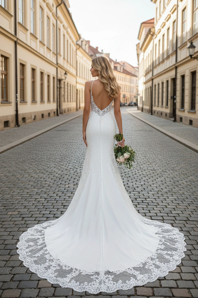 Backless Spaghetti Straps V-Neck Lace Sheath Wedding Dress with Illusion Sides