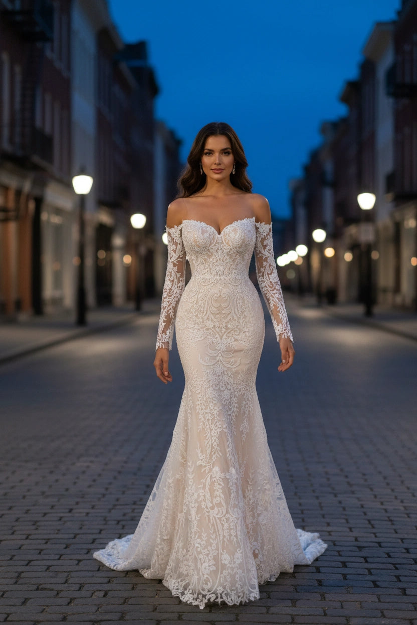 Illusion Back Off-the-shoulder Long Sleeves Lace Mermaid Wedding Dress