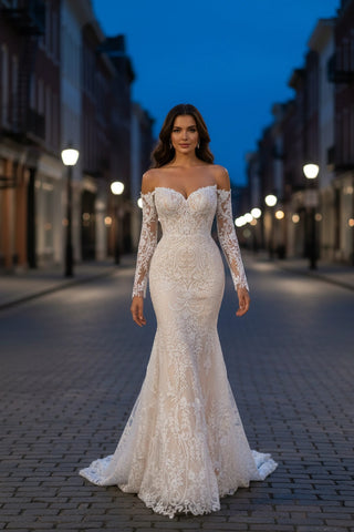 Illusion Back Off-the-shoulder Long Sleeves Lace Mermaid Wedding Dress