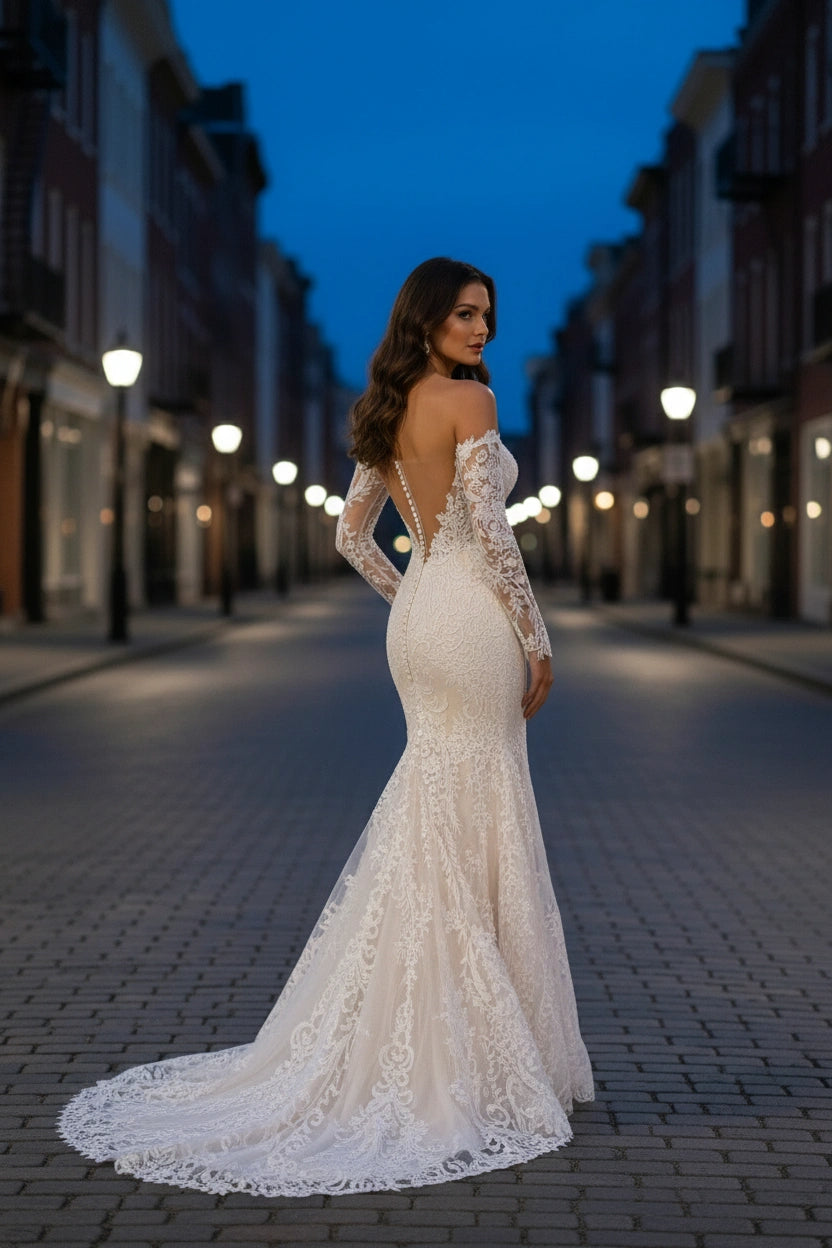 Illusion Back Off-the-shoulder Long Sleeves Lace Mermaid Wedding Dress