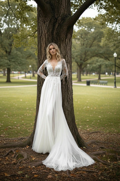 Backless Long Sleeves V-Neck Lace Bodice Tulle Skirt A-line Wedding Dress