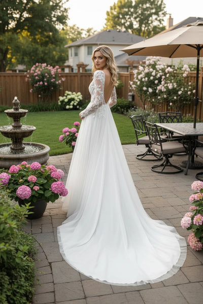 Backless Long Sleeves V-Neck Lace Bodice Tulle Skirt A-line Wedding Dress