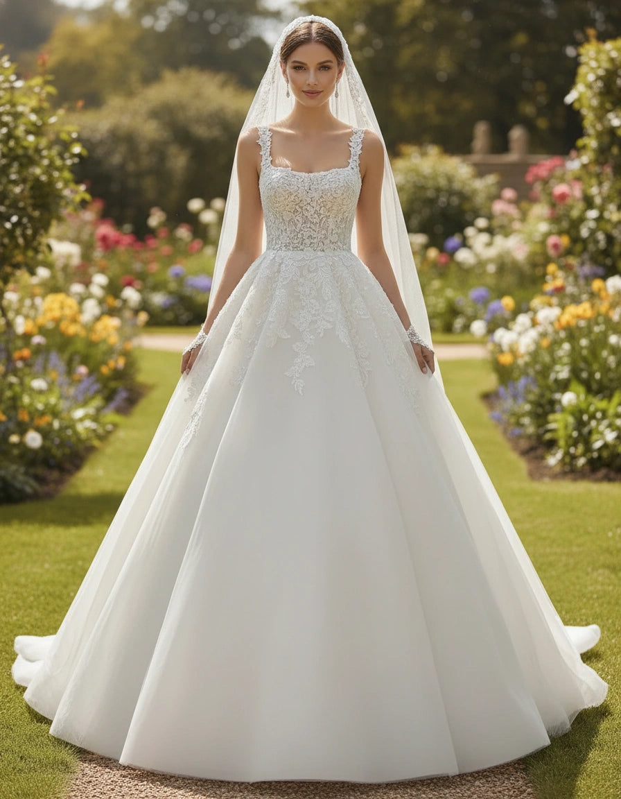 Square Neck Sleeveless Ball Gown Lace and Tulle Wedding Dress