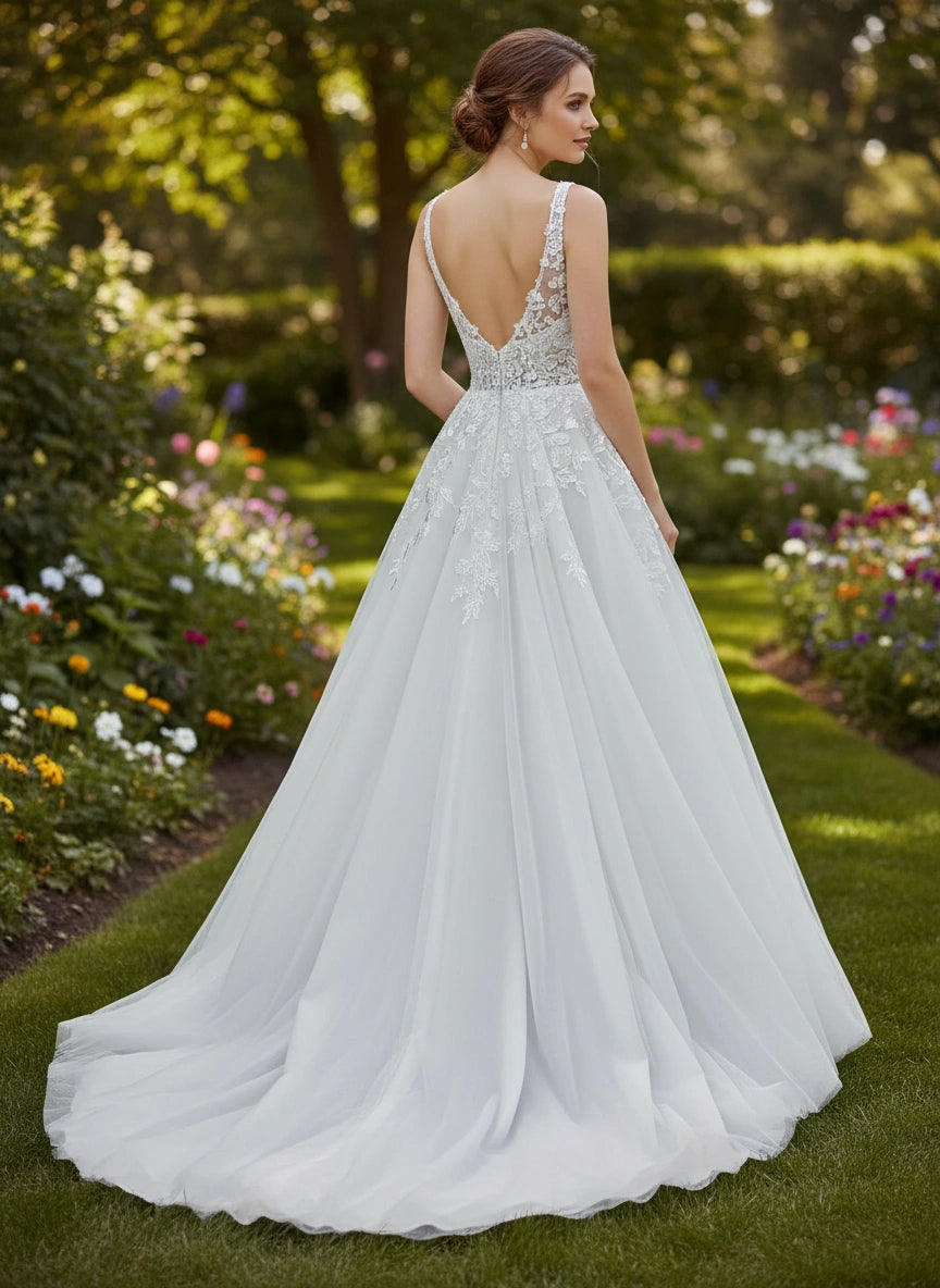 Square Neck Sleeveless Ball Gown Lace and Tulle Wedding Dress