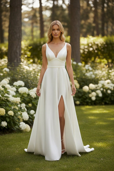 V-Neck Sleeveless A-line Satin Wedding Dress with Slit and Belt