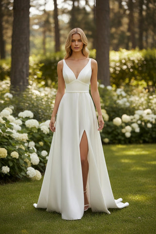 V-Neck Sleeveless A-line Satin Wedding Dress with Slit and Belt