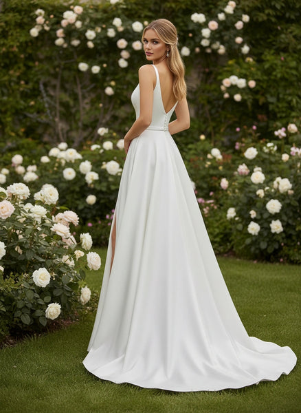 V-Neck Sleeveless A-line Satin Wedding Dress with Slit and Belt