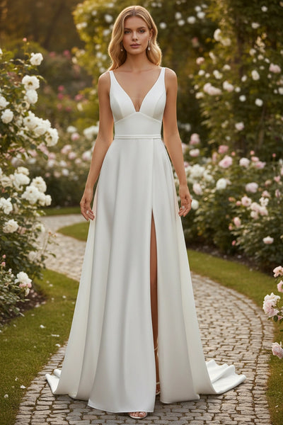 V-Neck Sleeveless A-line Satin Wedding Dress with Slit and Belt