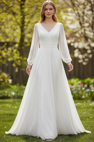 V-neck Long Sleeves A-line Chiffon Wedding Dress with Detachable Belt