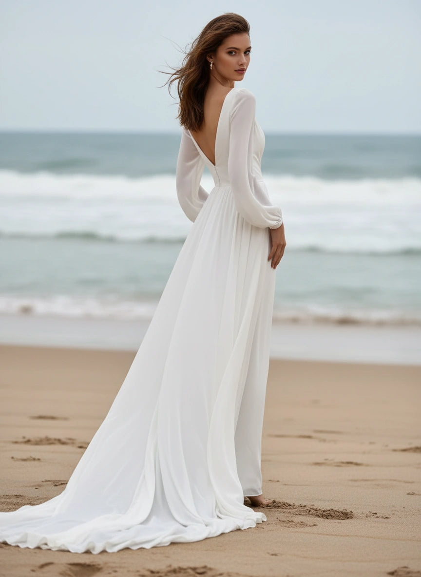 V-neck Long Sleeves A-line Chiffon Wedding Dress with Detachable Belt