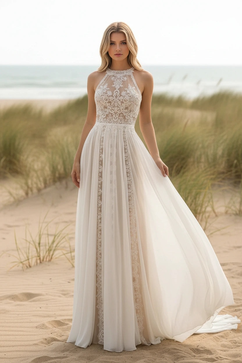 Illusion Back Jewel Neck Sleeveless Lace Bodice A-line Lace and Chiffon Wedding Dress