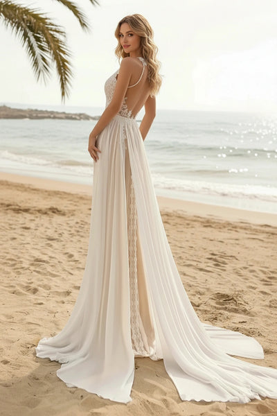 Illusion Back Jewel Neck Sleeveless Lace Bodice A-line Lace and Chiffon Wedding Dress