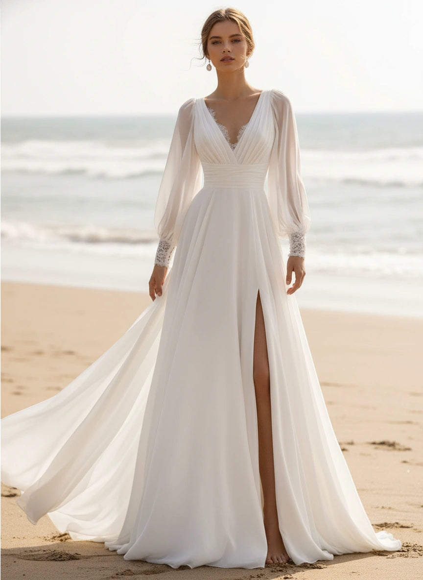 V-Neck Long Bishop Sleeves Pleated Waist A-line Chiffon Wedding Dress with Slit