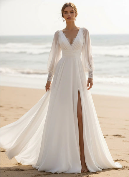 V-Neck Long Bishop Sleeves Pleated Waist A-line Chiffon Wedding Dress with Slit