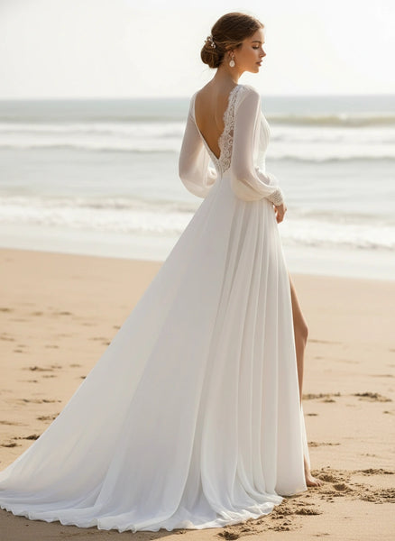 V-Neck Long Bishop Sleeves Pleated Waist A-line Chiffon Wedding Dress with Slit