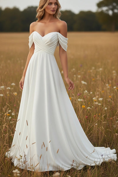 Off-the-shoulder Pleated Bodice Satin A-line Wedding Dress