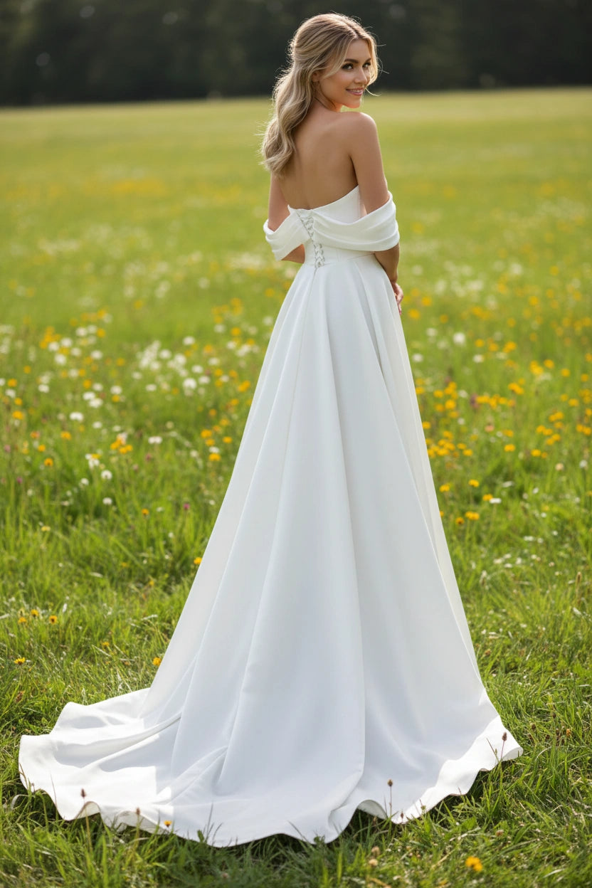 Off-the-shoulder Pleated Bodice Satin A-line Wedding Dress