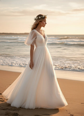 V-Neck Half Sleeves Pleated Bodice A-line Tulle Wedding Dress with Detachable Belt