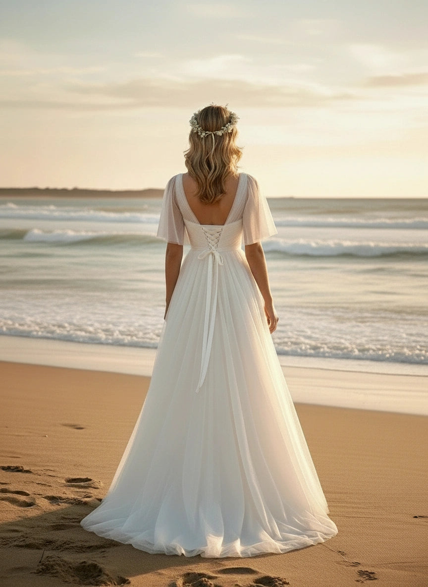 V-Neck Half Sleeves Pleated Bodice A-line Tulle Wedding Dress with Detachable Belt