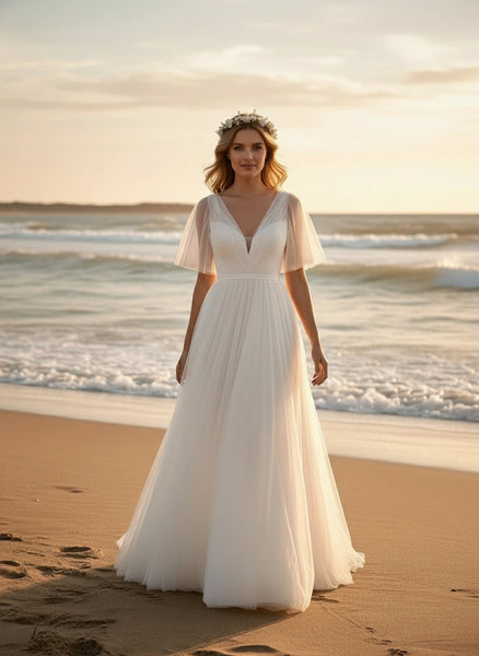 V-Neck Half Sleeves Pleated Bodice A-line Tulle Wedding Dress with Detachable Belt