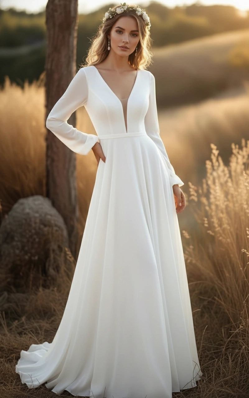 V-Neck Long Sleeves A-line Chiffon Wedding Dress with Belt