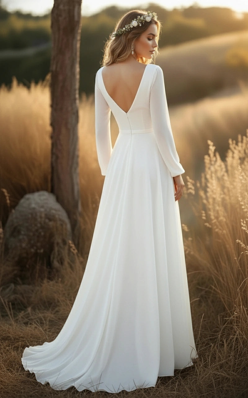 V-Neck Long Sleeves A-line Chiffon Wedding Dress with Belt