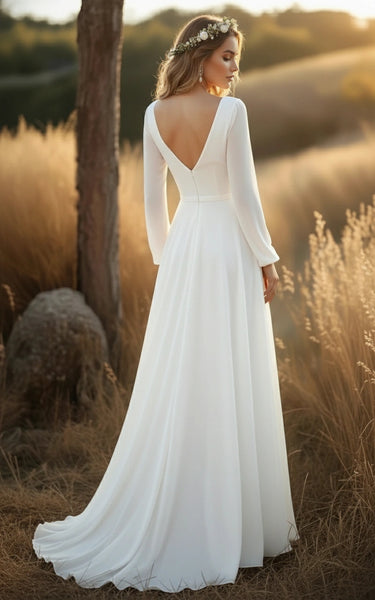 V-Neck Long Sleeves A-line Chiffon Wedding Dress with Belt