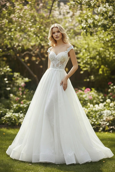 Off-the-shoulder Lace Bodice Tulle Skirt Princess Wedding Dress