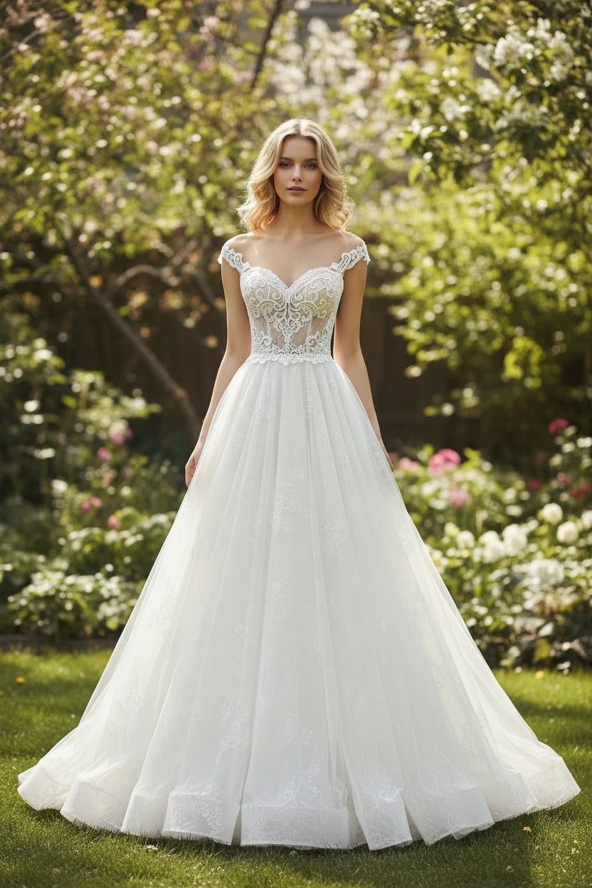 Off-the-shoulder Lace Bodice Tulle Skirt Princess Wedding Dress