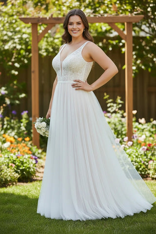 V-Neck Sleeveless Lace Bodice Tulle Skirt A-line Wedding Dress