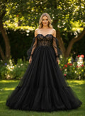 Off-the-shoulder Long Sleeves Lace Bodice Tulle Skirt A-line Wedding Dress