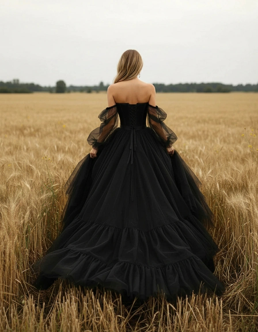 Off-the-shoulder Long Sleeves Lace Bodice Tulle Skirt A-line Wedding Dress