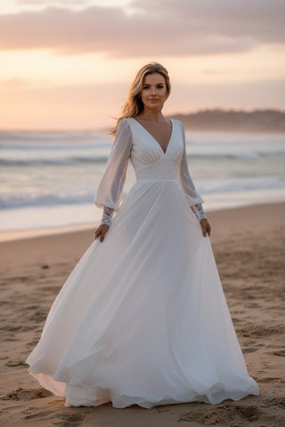 V-Neck Long Bishop Sleeves A-line Chiffon Wedding Dress