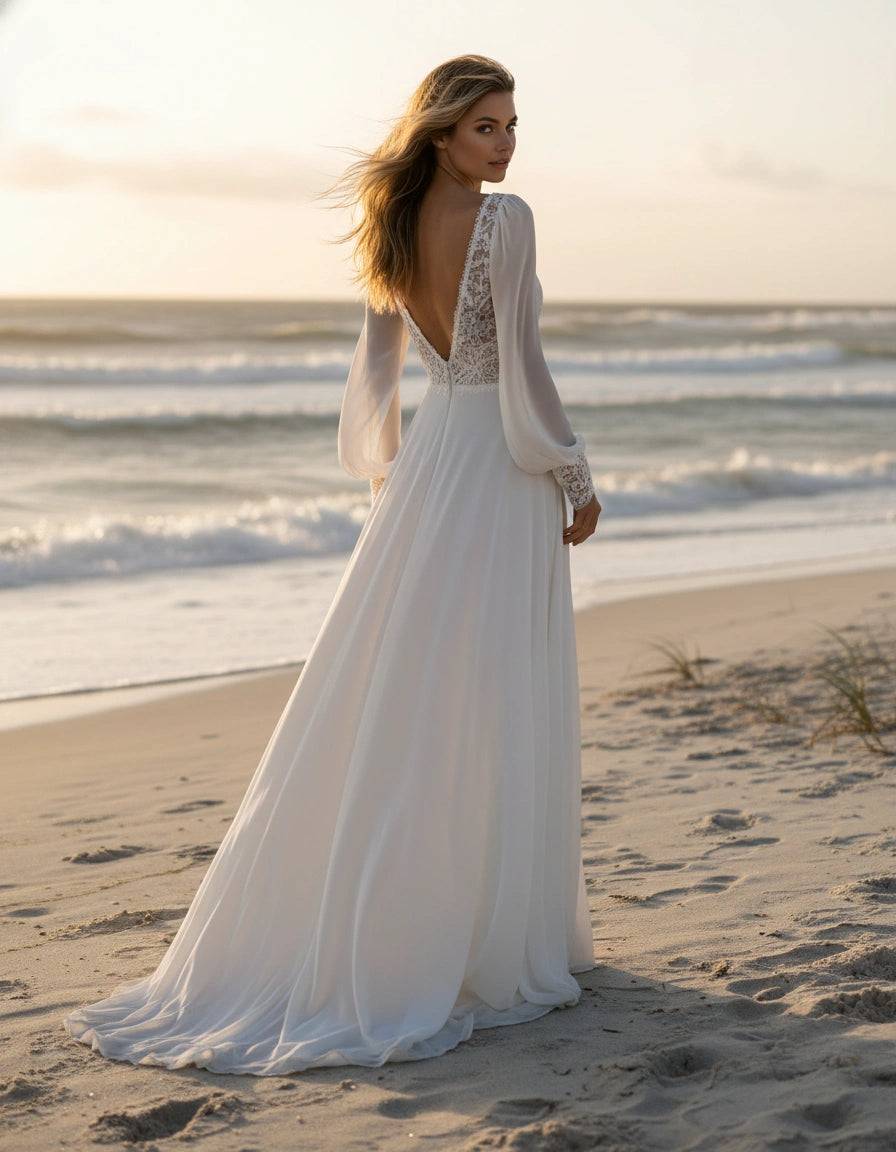 V-Neck Long Bishop Sleeves A-line Chiffon Wedding Dress
